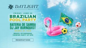 Get ready to dive into the vibrant culture and electrifying energy of Brazil at our Brazilian Pool Party on June 28th! Daylight Beach Club is the place to be for an unforgettable day filled with sun, samba, and soccer as we host a thrilling Brazil vs. Paraguay soccer viewing party. This event is a must-attend for all soccer fans in Las Vegas, and it's the perfect place to catch the Copa America 2024 action live.