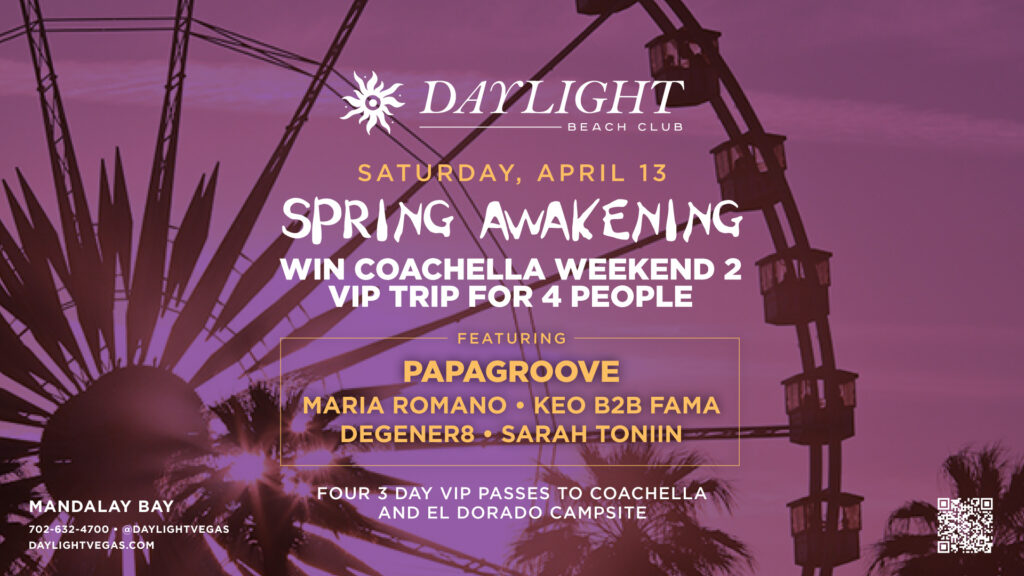 The Spring Awakening Coachella VIP Giveaway at Daylight! Join us on April 13th for an electrifying Saturday party presented by Unity Events Promoters, where we're giving away the ultimate Coachella Weekend 2 package with an exclusive stay at El Dorado Campsite and four VIP 3-day passes.