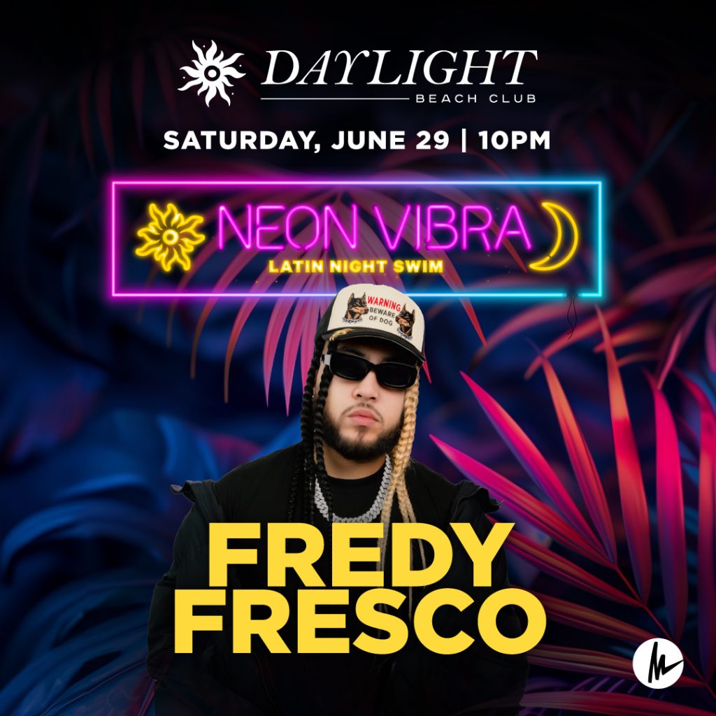 on June 29th is Fredy Fresco, a DJ and producer renowned for his high-energy sets and infectious tracks. Fredy Fresco’s music and stage presence are unmatched, promising a night filled with unforgettable moments and high-energy fun. His performance will feature a mix of his latest hits and classic favorites, ensuring that the Neon Vibra series ends on the highest note possible. 